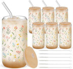 6 Set 16oz Christmas Glass Cups with Lid and Straw, Colorful Flowers by Yetene