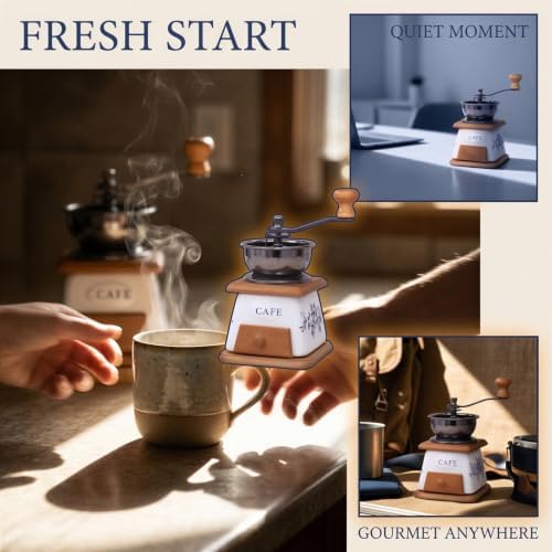 Manual Vintage Ceramic Burr Coffee Grinder with Wooden Base and Drawer, Mini Coffee Grinder with Stainless Steel Bowl and Floral Cafe Pattern, Hand Crank for Home Kitchen, Travel, Office - Image 2