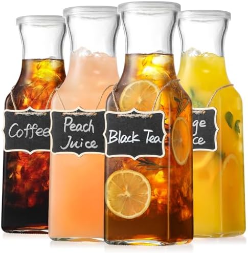 Set of 4 Square Glass Carafe with Lid, 1 Liter Clear Glass Pitcher, Beverage Serveware Carafe for Mimosa Bar, Brunch, Cold Water, Juice, Milk, Iced Tea, Lemonade by NETANY
