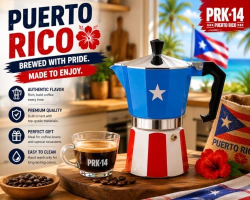 PRK 14 Puerto Rico Coffee Pot – Aluminum Moka Grecas Pot with Puerto Rican Flag Design | Traditional Stovetop Espresso Maker for Authentic Cafe Boricua 6 Cup - Image 6