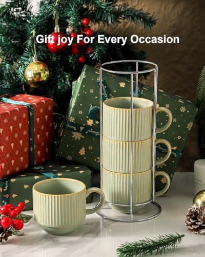 HASENSE Ceramic Coffee Mugs Set of 4 with Rack - 15 oz Stackable Large Porcelain Ribbed Latte Cup Set for Cappuccino, Tea, Hot Cocoa, Drinks - Dishwasher & Microwave Safe, Sage Green - Image 5