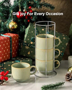 HASENSE Ceramic Coffee Mugs Set of 4 with Rack - 15 oz Stackable Large Porcelain Ribbed Latte Cup Set for Cappuccino, Tea, Hot Cocoa, Drinks - Dishwasher & Microwave Safe, Sage Green - Image 5
