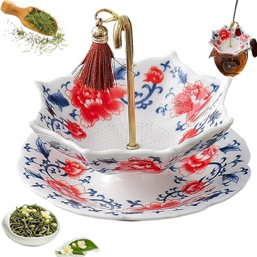 Umbrella Shape Ceramic Tea Strainer - Chinese Blue and White Porcelain Loose Leaf Tea Infuser with Drip Base, Traditional Chinese Fine Mesh Filter for Kung Fu Tea and Coffee Brewing (Red) by Unknown