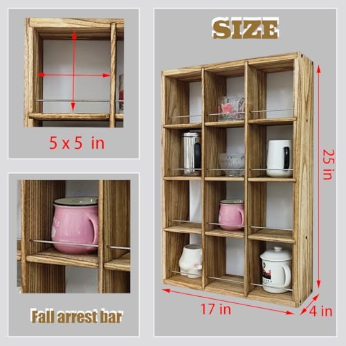 12 Grid coffee mug display shelf, 17x25" Wooden cup shelf for wall, Carbon - Image 3