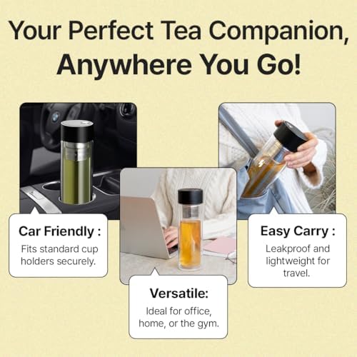 Glass Tea Infuser Bottle – One-Touch Magnetic Brewing, Double Wall Borosilicate Glass Tumbler with Removable Stainless Steel Infuser, Leak-Resistant Lid, 400 ml - Image 5