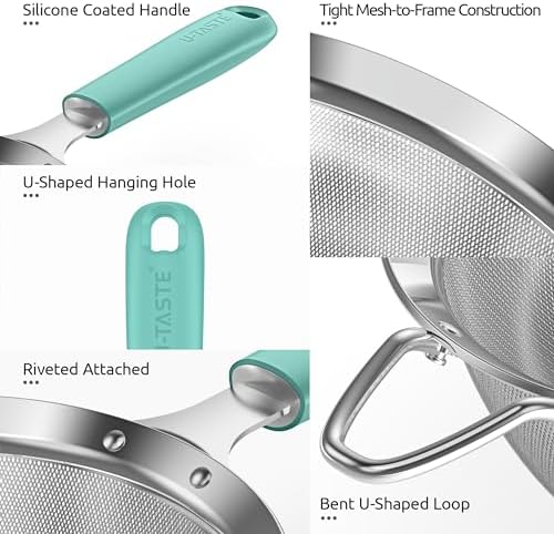 U-Taste 18/8 Stainless Steel 3.35in Medium Fine Mesh Strainer and 12.6in Stainless Steel Danish Dough Whisk (Aqua Sky) - Image 6
