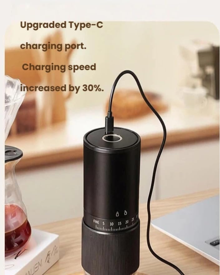 Portable Electric Coffee Grinder – 35 levels of thickness adjustment, ceramic core press, travel, camping, home and office use, USB rechargeable 1600MHz large capacity battery (Black) - Image 7