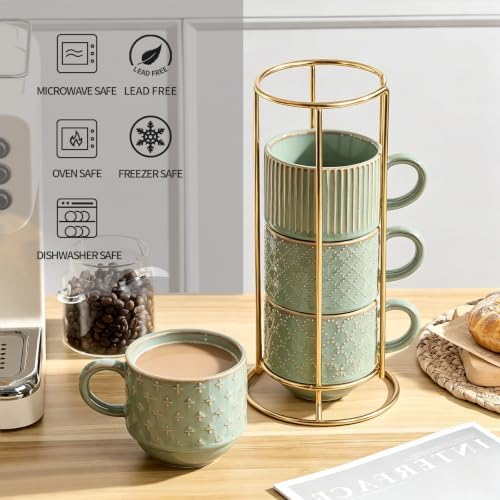 JIEMEI HOME Large Ceramic Coffee Mug Set of 4 with Stand, 15 Oz Stackable Embossment Ribbed Latte Cup Set for Cappuccino, Latte, Tea, Hot Cocoa, Drinks - Dishwasher & Microwave Safe, Vintage Turquoise - Image 4