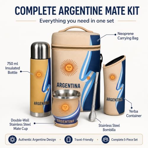 Argentine Yerba Mate Kit – Premium Stainless Steel Mate Cup & Bombilla Set with 750ml Vacuum Insulated Bottle, Yerba Container & Neoprene Bag – Authentic Argentine Design - Image 2