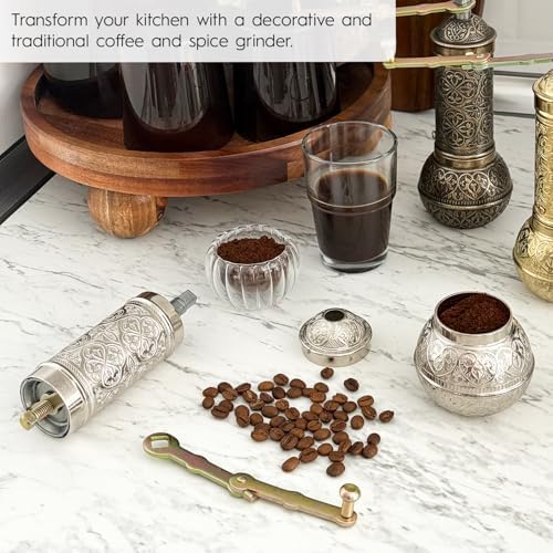 Decorative Handmade Coffee Grinder, Refillable Turkish Spice Mill, Manual Coffee Mill with Handle, Coffee Grinder Metal with Hand Crank 18 cm-7.1 inch (Silver) - Image 3