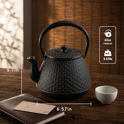 Cast Iron Teapot with Infuser, 42 oz (1250 ml) Large Japanese Tea Pot for Loose Leaf Tea, Enamel Interior, Stovetop Safe, Heat Retaining Design for Family & Friends Sharing, Black - Image 6