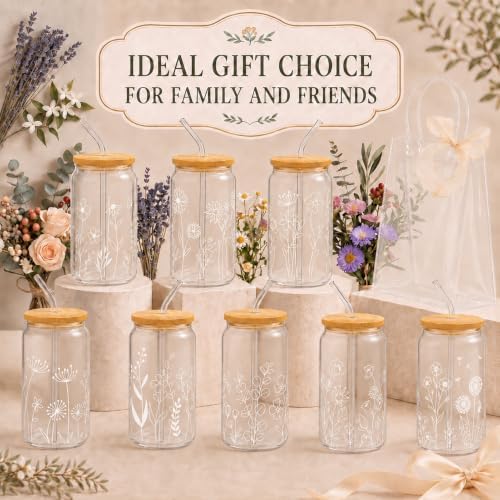 Iced Coffee Mugs, 8 Sets, Glass, 16 oz, Reusable, Floral White - Image 5