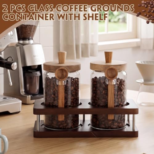 Suclain Glass Coffee Grounds Container with Shelf 2 x 29 oz Glass Coffee Bean Storage Canisters with Airtight Thread Lid and Measuring Spoon for Kitchen Sugar(Novel Style, Wood) - Image 6