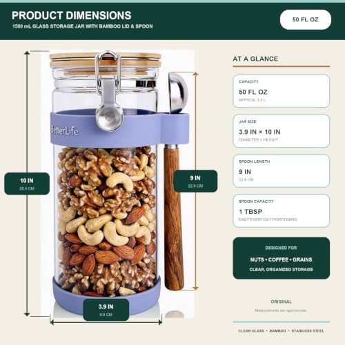KKC Nut Storage Container Airtight Glass Jar 1500ml 50 oz - Airtight Pantry Storage Canister with Bamboo Lid, Silicone Protective Sleeve & 1 TBSP Long Wooden Handle Spoon for Walnut Almond Pecan - Image 3