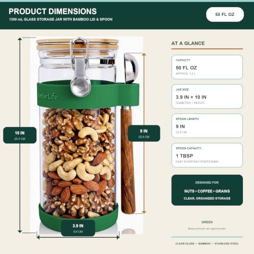KKC Nut Storage Container Airtight Glass Jar 1500ml 50 oz - Airtight Pantry Storage Canister with Bamboo Lid, Silicone Protective Sleeve & 1 TBSP Long Wooden Handle Spoon for Walnut Almond Pecan - Image 3