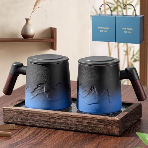2 Set Tea Cup with Infuser and Lid, 13.5oz Ceramic Loose Leaf Tea Mug with Fine Strainer, Steeper Strainer Cup, Oriental Lover Gift Set for Women Men, Office Home by Singhoow