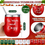 Ziliny 12 Pcs Christmas Wine Tumbler Set 12 Oz Insulated with Lid,Texts - Image 3