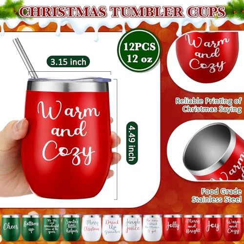 Ziliny 12 Pcs Christmas Wine Tumbler Set 12 Oz Insulated with Lid,Texts - Image 3