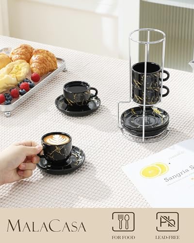 MALACASA 2.5 OZ Porcelain Espresso Cups with Saucers and Metal Stand Set of 4, Stackable Cappuccino Cups, Marble Black Expresso Shots Cup Set for Coffee Drinks, Latte, Tea - Image 3