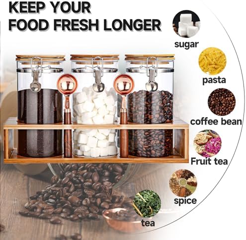 Glass Coffee Storage Container with Bamboo Shelf, 3PCS 49oz Airtight Sealed Coffee Bean Jar with Clamp Lid & Measuring Spoon, Kitchen Pantry Canister Set for Ground Coffee Sugar Tea Flour - Image 4