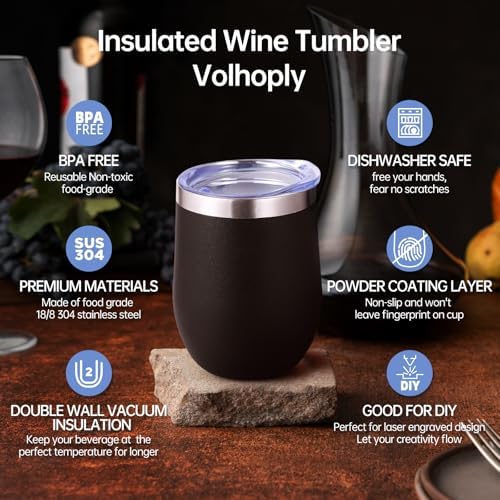 Volhoply 12oz Stainless Steel Wine Tumbler with Lid Bulk 8 Pack,Double Wall Vacuum Stemless Wine Glasses,Reusable Metal Travel Coffe Mug with Straw,Insulated Cup Gifts for Women,Christmas（Black,8 Set） - Image 3