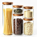 Glass Jars with Airtight Wood Lids - Small Large Kitchen Pantry Storage Containers, Canisters for Spaghetti, Noodles, Pasta, Ground Coffee, Sugar, Cereal, Spice, Salt, Salad, Matcha, Set of 5 by PENGSHU