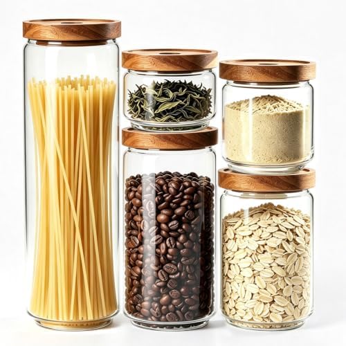 Glass Jars with Airtight Wood Lids - Small Large Kitchen Pantry Storage Containers, Canisters for Spaghetti, Noodles, Pasta, Ground Coffee, Sugar, Cereal, Spice, Salt, Salad, Matcha, Set of 5 by PENGSHU