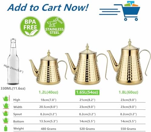 SANQIAHOME 1.6L(54oz) Stainless Steel Hammer Patterned Teapot With Removeable Infuser,Loose leaf cover,Gold - Image 5