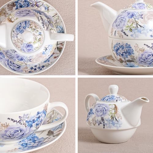 fanquare Blue and Purple Roses and Hydrangeas Porcelain Tea for One Set - Image 2