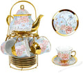 20-Piece Porcelain Tea Sets for Adults, Includes Tea Cups and Saucers, Teapot, Spoons & Metal Rack, Elegant Ceramic Tea Set for Women, Wedding & Home Decor (Blue and Pink) by LYTDMSKY