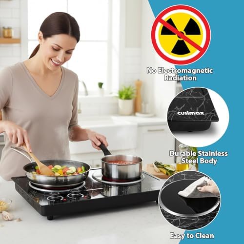 CUSIMAX Double Burner Electric Hot Plate for Cooking, 1800W, Black Marble - Image 6