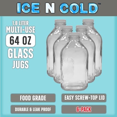 Glass Beverage Jug, 64 oz, Clear, Wide Mouth with Groove Handle and Airtight Lid (6) - Image 3