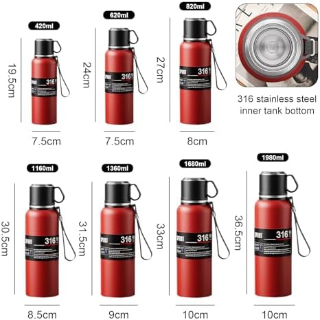 Stainless steel Vacuum Thermoses Bottle With Tea Infuser & Cup,Double Layer Insulated Coffee Bottles for Hot and Cold Drink Water Flask (Red, 1980ML) - Image 2