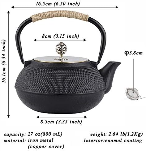 tetsubin Cast iron tea kettle japanese workshop teapot hobnail pattern with Stainless Steel Infuser（27oz Black） - Image 2