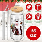 6 Set Christmas Glasses Cups with Bamboo Lid and Glass Straw 16 oz Christmas Drinking Cup Red Black Santa Gingerbread Beer Iced Coffee Cup Xmas Tumbler Mugs for Women Men Holiday Party Gifts - Image 2