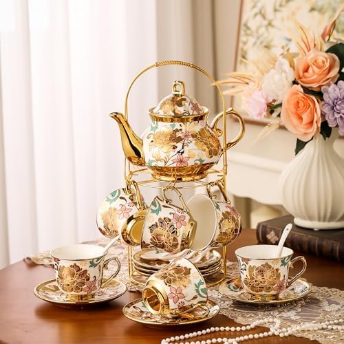 20 Pieces Porcelain Tea Set With Metal Holder, European Ceramic tea set for adults,Flower Tea Set,Tea Set For Women With Flower Painting - Image 5