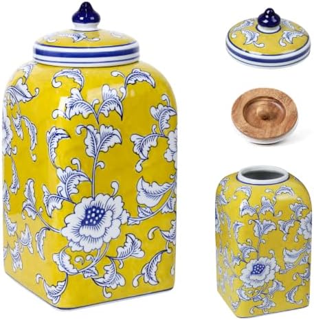 12.5" H Ceramic Kitchen Canisters for Countertop, Tea & Coffee Bean Storage Canister with Airtight Lid, Hand-painted Chinoiserie Decor Ginger Jar for Home Decor, 155 fl oz - Yellow Peony by Unknown