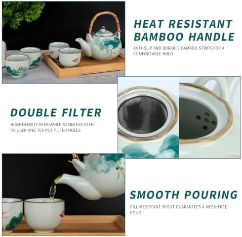 Japanese Tea Set Porcelain Tea Set with Teapot and Tea Cup Set for 4, Green and White Tea Sets for Adults with Stainless Infuser and Bamboo Tray, Asian Tea Set for Tea Lovers/Women/Men (Lotus) - Image 3
