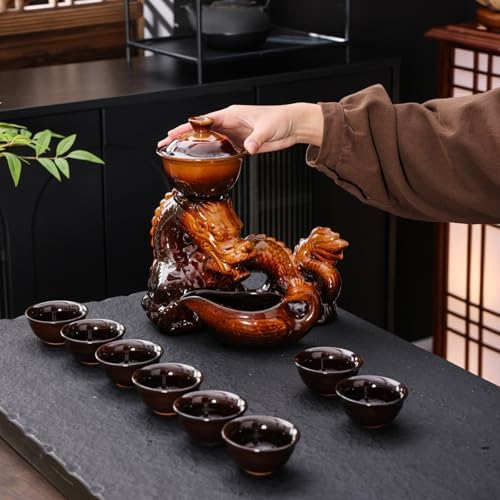 Chinese Gongfu Tea Set Ceramic Teapot with Infuser, 8 Cups, Semi Automatic Dragon Design for Loose Leaf Tea - Image 4