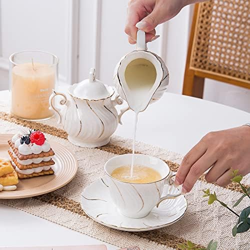 Agyiuns tea cups and saucers ceramic coffee mug 6oz for Coffee, Latte, Cafe Mocha and Tea-Set of 4, White - Image 6