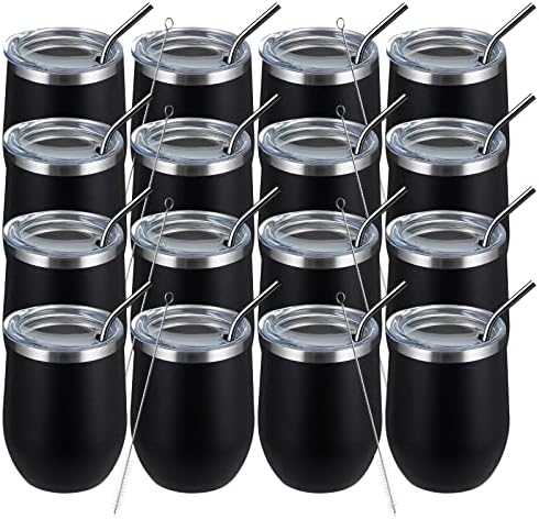 MEWAY 12oz Wine Tumbler 16 Pack Bulk Gifts for Women,Double Wall Vacuum Stainless Steel Travel Mug with Lid,Insulated Stemless Wine Cup Glass for Coffee,Cocktails,Drinks(Black,Set of 16) by MEWAY