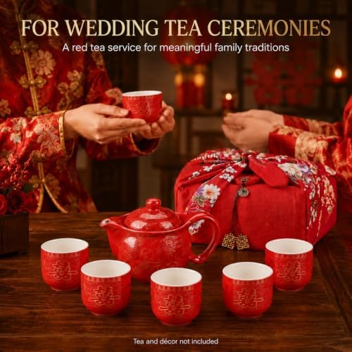 Chinese Tea Set Traditional Red Ceramic with Chinese Teapot and 6 Porcelain Teacups, Asian Gongfu Style Collection for Tea Ceremony, Chinese Wedding Gift with Fabric Box - Image 6