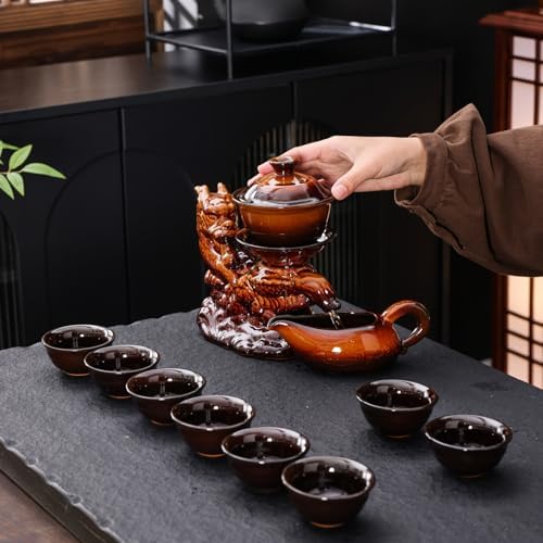 Ceramic Teapot with Infuser Chinese Gongfu Tea Set with 8 Cups, Semi Automatic Dragon Design for Loose Leaf Tea - Image 5