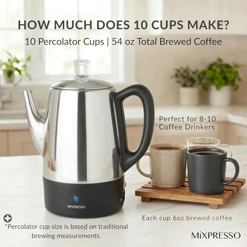 Mixpresso 10 Cup Electric Percolator Coffee Pot, Stainless Steel - Image 4