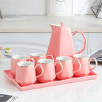 Water Pitcher Nordic Ceramic Cold Kettle Set Afternoon Tea Set teapot Teacup Home Living Room tie Pot with Tray Water Jug(Pink) - Image 2