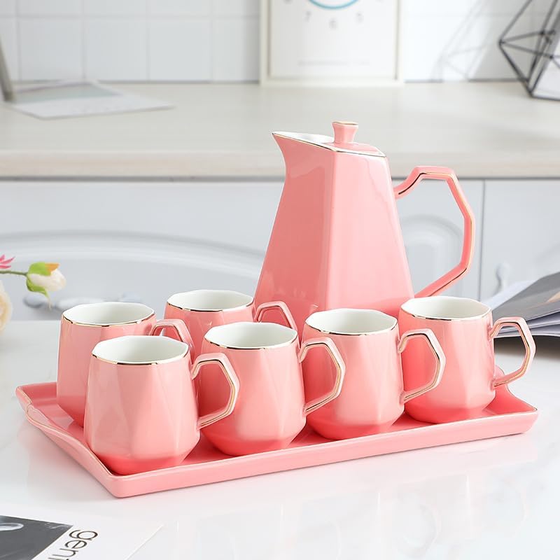 Water Pitcher Nordic Ceramic Cold Kettle Set Afternoon Tea Set teapot Teacup Home Living Room tie Pot with Tray Water Jug(Pink) - Image 2