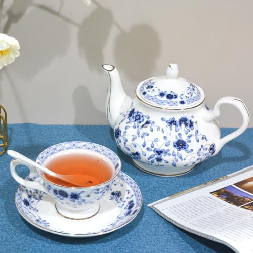 Bone China Tea Set, 21-Pieces Porcelain Tea Set for Adults, Tea Cups And Saucers for 6, with Teapot, Spoons, Sugar Bowl, Creamer Pitcher, Vintage Tea Set for Women Tea Party,Gift Box (Blue) - Image 5