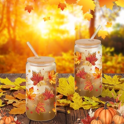 6 Pack Fall Maples Glass Cups with Lids and Straws 16oz - Image 2