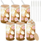 6 Pack Fall Pink Pumpkin Glass Cups with Lids and Straws 16oz - Image 2