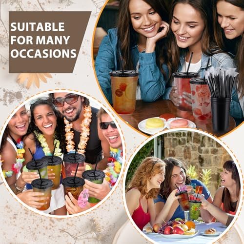 tchrules 100 Set 16oz Black Plastic Disposable Cups with Lids and Straws - Image 7